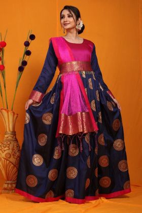 Blue Weaving Work Pure Silk Wedding Special Anarkali Gown