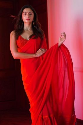 Bollywood Actress Alia Bhatt Special Red Sequence Work Ruffle Saree