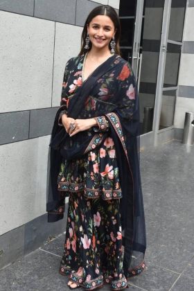 Bollywood Actress Alia Bhatt Wear Black Flower Printed Sharara Suit