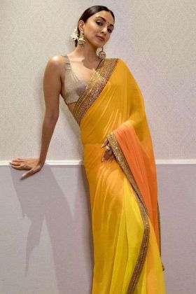 Bollywood Actress Kiara Advani Style Yellow Shaded Printed Saree