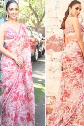 Bollywood Actress Kiara Advani Wear Light Pink Digital Printed Saree
