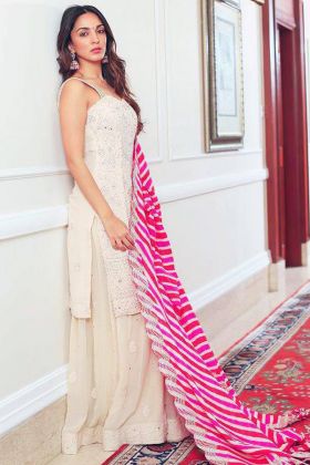 Bollywood Actress Kiara Advani Wear White Embroidery Work Sharara Suit
