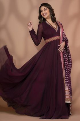 Bollywood Actress Madhuri Dixit Wear Maroon Zari Work Anarkali Gown