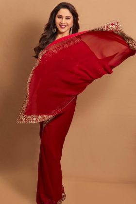 Bollywood Actress Madhuri Dixit Wear Red Saree