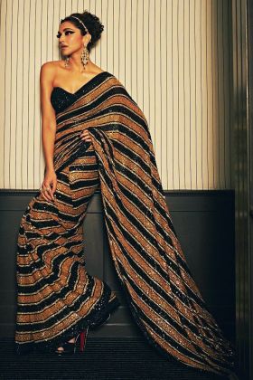 Bollywood Star Deepika Padukone Black Striped Saree