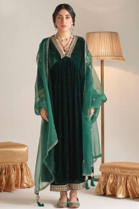Bottle Green 9000 Velvet Embroidery Work Anarkali Gown