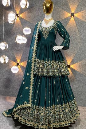 Bottle Green Chinon Embroidery Wok Lehenga With Top