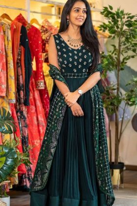 Bottle Green Embroidery Work Georgette Gown