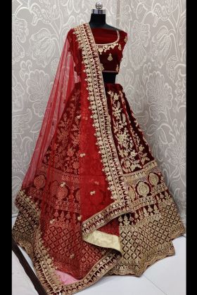 Bridal Wear Maroon Pure Velvet Embroidered Lehenga Choli