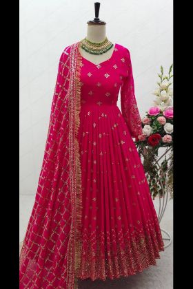 Bright Pink Embroidery Work Anarkali Style Gown