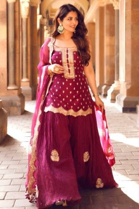 Bright Pink Embroidery Work Designer Sharara Suit