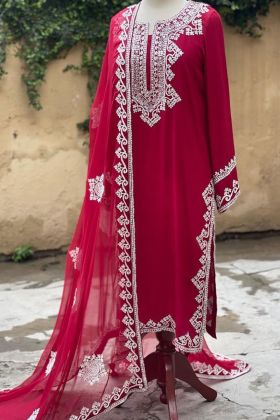 Bright Pink Embroidery Work Faux Georgette Straight Suit