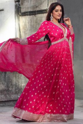 Bright Pink Faux Georgette Embroidery Work Gown