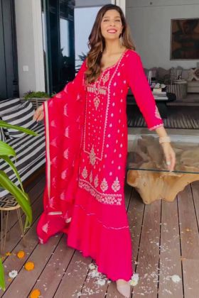Bright Pink Faux Georgette Embroidery Work Palazzo Suit