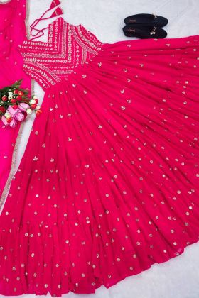 Bright Pink Faux Georgette Embroidery Work Readymade Anarkali Gown