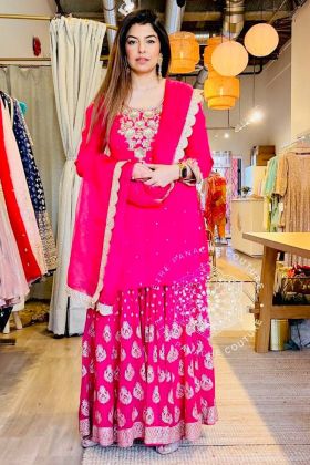 Bright Pink Faux Georgette Embroidery Work Sharara Suit