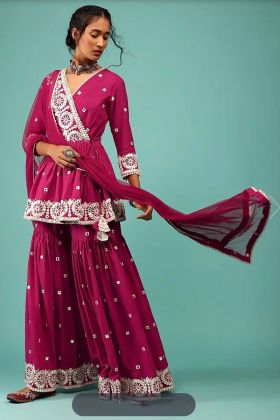 Bright Pink Faux Georgette Real Mirror Hand Work Sharara Suit