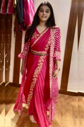 Bright Pink Heavy Georgette Plain Saree With Long Jacket