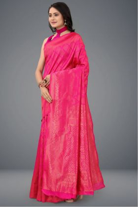 Bright Pink Lichi Silk Jacquard Work Saree