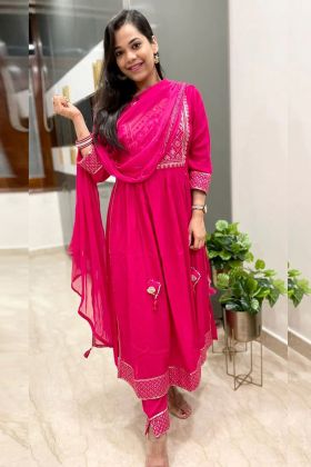Bright Pink Sequence Work Malai Satin Silk Anarkali Style Salwar Suit
