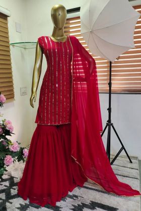 Bright Pink Sequence Work Top With Plain Sharara