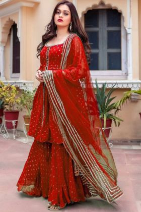 Bright Red Sequence Work Sharara Style Salwar Suit