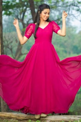 Bright Rose Plain Anarkali Gown With Fancy Sleeves