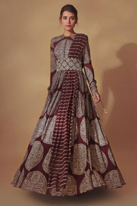 Brown Digital Printed Faux Georgette Anarkali Style Gown