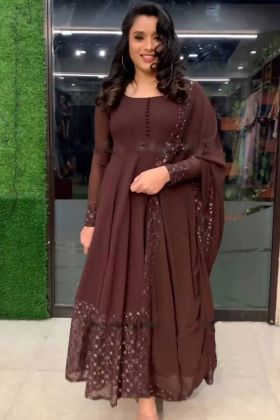 Brown Embroidery Work Readymade Gown