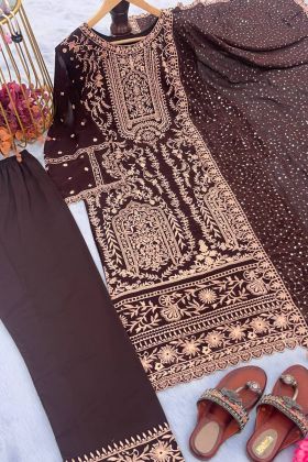 Brown Faux Georgette Straight Palazzo Salwar Suit