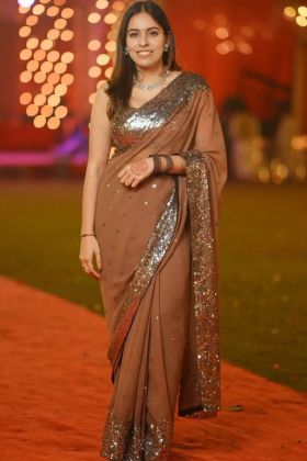 Brown Georgette Saree With Sequence Work Border