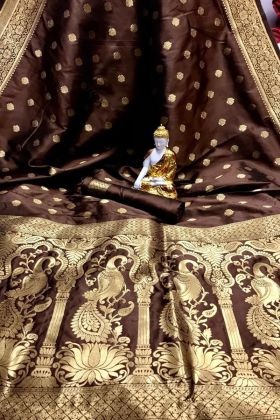 Brown Gold Zari Weaving Work Banarasi Silk Saree
