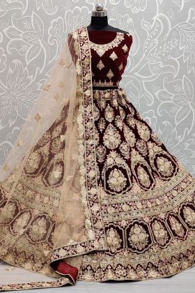 Brown Velvet Thread Work Bridal Wear Lehenga Choli
