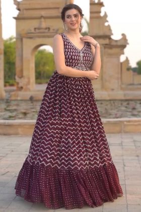 Burgundy Faux Georgette Embroidered Anarkali Ruffle Gown
