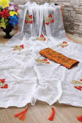 Buy Orange Color Charming Linen Saree By Online
