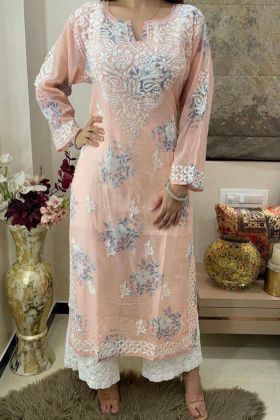 Casual Wear Peach Flower Printed Salwar Suit