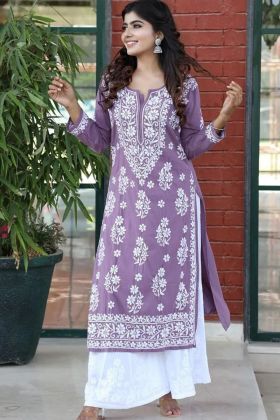 Casual Wear Purple Rayon Chain Stitch Work Dress