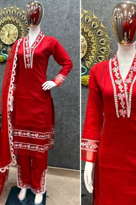 Casual Wear Red Cut Work Pure Soft Maska Cotton Silk Salwar Kameez