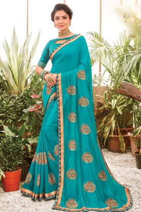 Chanderi Silk Embroidered Pastel Blue Color Fancy Saree