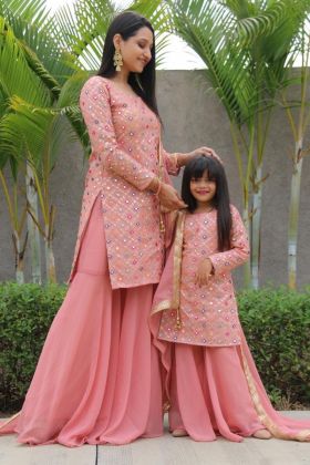 Coral Pink Double Sequence Work Salwar Suit Combo