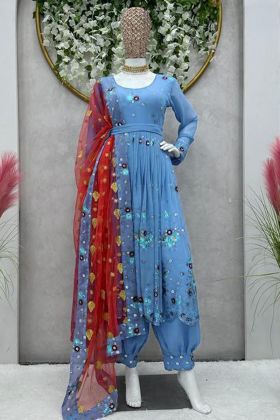 Cornflower Blue Thread Work Afghani Style Salwar Suit