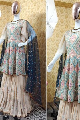 Cream Paper Work Sharara Salwar Suit