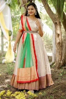 Cream Zari Weaving Work Pure Silk South Indian Women Wear Gown