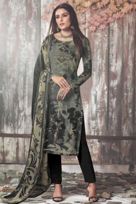 Crepe Pant Style Suit Black and Cream Color With Digital Print Work