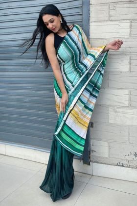 Crush Saree With Multi Color Striped Printed Pallu