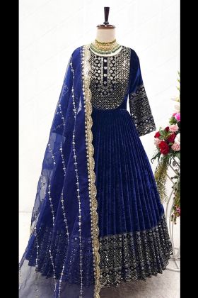Dark Blue 9000 Viscose Velvet Embroidered Gown
