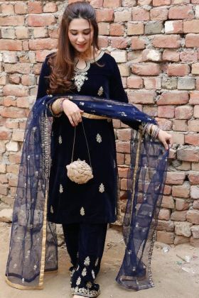 Dark Blue Embroidery Work Velvet Salwar Suit