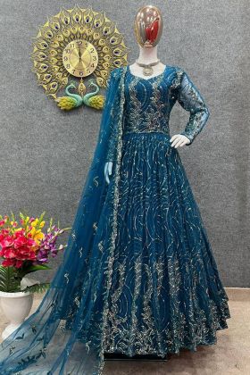 Dark Blue Soft Butterfly Net Embroidery Work Gown