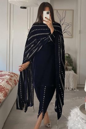 Dark Blue Viscose Velvet Dhoti Style Salwar Suit