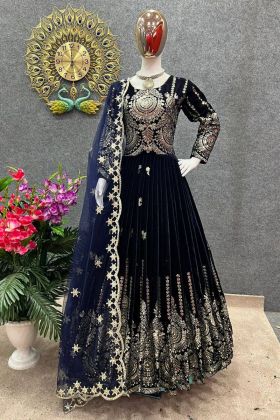 Dark Blue Viscose Velvet Embroidery Work Anarkali Gown